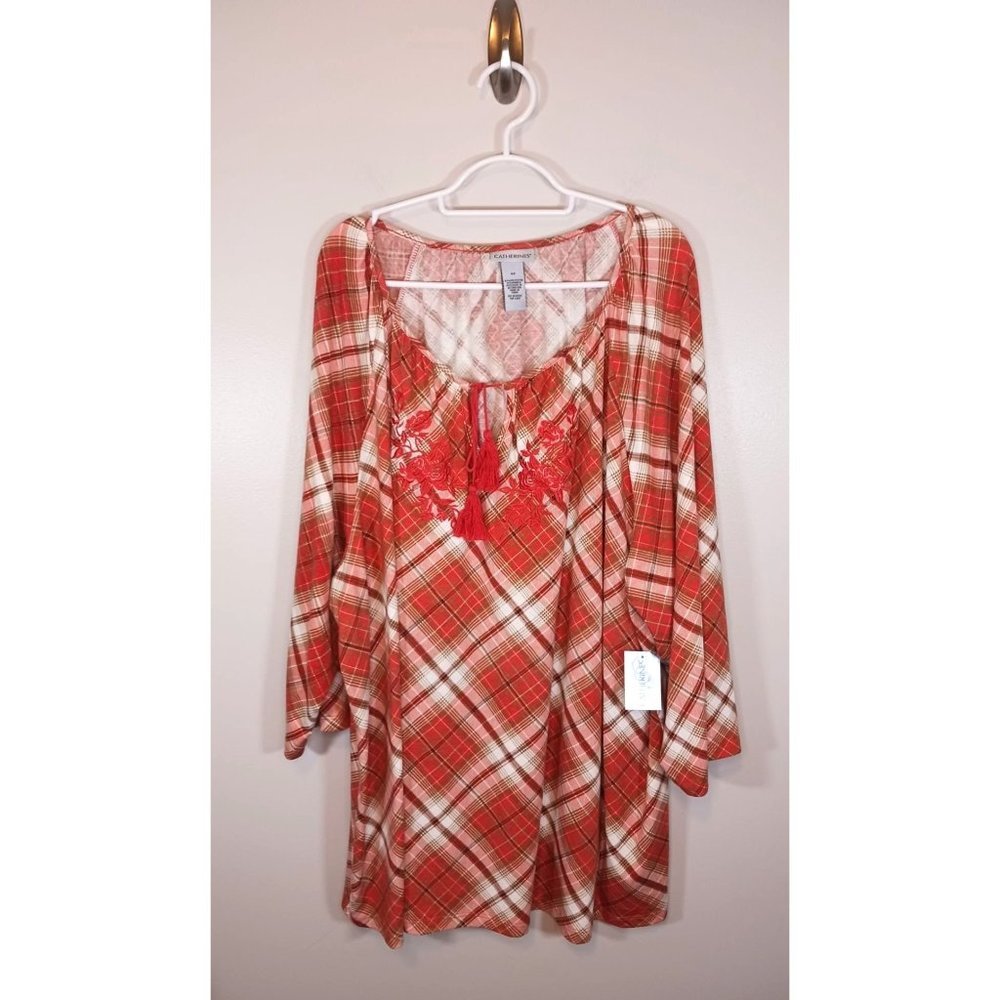 Catherines Red Plaid Tunic Blouse with Tassel Detail